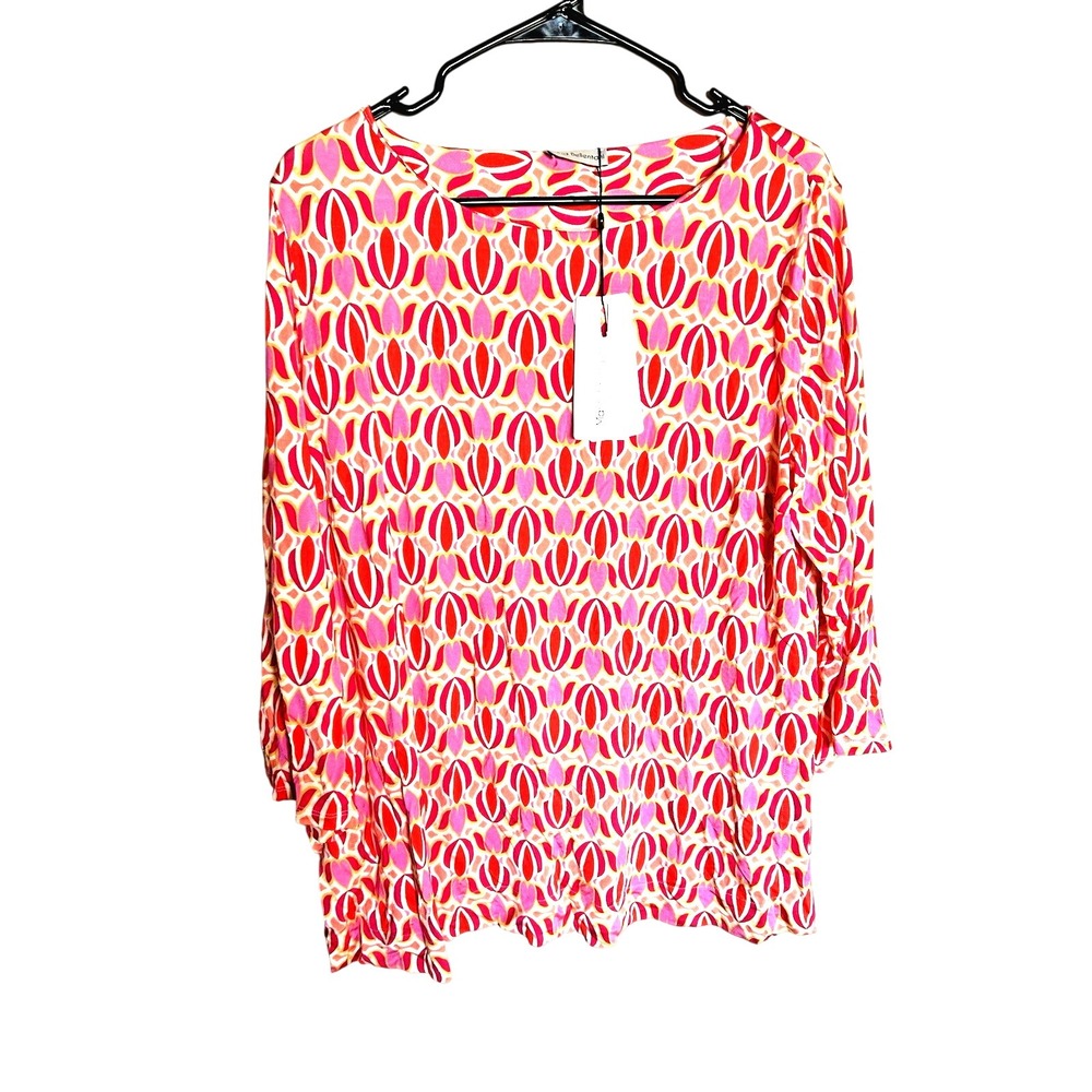Maria Bellentani Italy Pink Red Geometric Print 3/4 Sleeve Top ITA 52‎ Mod Retro